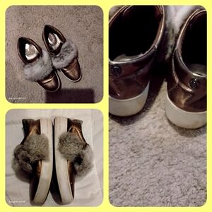 Michael Kors Gold Metallic Leather Slip On w/Faux Fur Velcro Luxe Sneakers